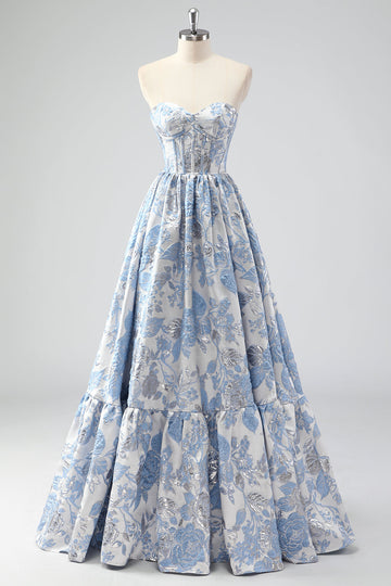 Mignon bleu A-ligne Sweetheart Brocart Corset Robe de soirée Longue